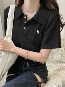 FRIFUL 女士杏色基础款 Polo 领刺绣 T 恤，翻领短袖夏季服装 - 黑色 - 查看 3