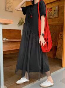 DAZY Abito midi casual a maniche corte con arricciature, girocollo, senza stampe, estivo, da donna