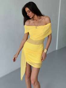 Aloruh New Asymmetrical Hem Halter Neck Yellow Gauze Vacation Mini Dress - Yellow - View 3