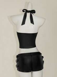 SHEIN ICON Y2k Going Out Summer Sexy Concert Burgundy PU Leather Halter Neck Women's Sexy Solid Backless Halter Tank Top, Summer - Black - View 8