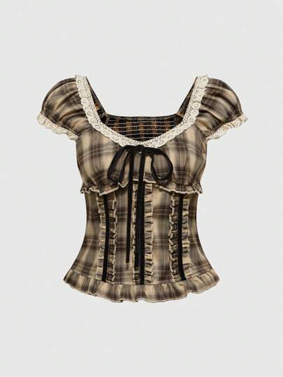 ROMWE Avant Blusa femenina con volantes en el dobladillo, manga abullonada a cuadros, cintura ceñida y encaje de contraste lindo