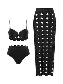 Swim SXY 3pcs/Set Women Beach Summer Outfits: Shoulder Strap Push-Up Top, High Waist Bottoms, Hollow-Out Maxi Beach Cover-Up Dress, High Fashionable Swimwear Set