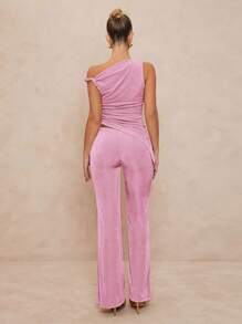 Lumalex 1 Bộ đồ nữ trang trí kim loại bất đối xứng Bodycon loe Co-Ord - Hồng - Xem 2