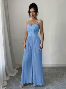Elenzga Women's Fashionable Summer Strap Pleated Jumpsuit - Baby Blue - View 5