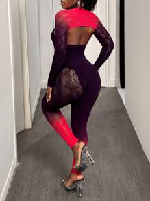 BamGleam Women Two-Piece Set Gradient Mesh Patchwork Sexy Long Sleeve Jumpsuit - Black - View 2