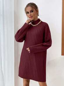 EURMUSE Solid Color Turtleneck Ribbed Knit Elegant And Fashionable Long Sleeve Sweater Dress - Burgundy - View 5