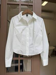 Comfortcana 束腰基本休閒長袖襯衫 - 白色 - 查看 7