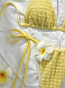 Swim Mod-D 2pcs Solid Color Textured Floral Decor Halter Bra And Tie Side Swim Trunks Sexy Yellow Bikini Set For Summer Holiday - Multicolor - View 3