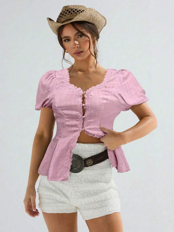 Athîral Women's Pink Lace Trim V Neck Button Front Casual Retro Plaid Puff Sleeve Shirt Western Wear
