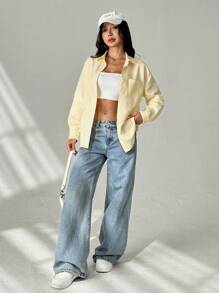 SHEIN PETITE 条纹印花落肩前口袋休闲衬衫 - 黃色 - 查看 7