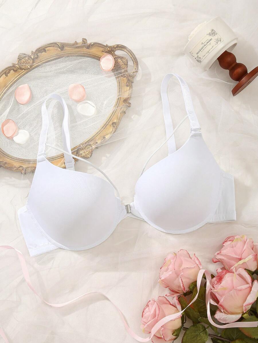 SHEIN 1 件大码女式前扣无钢圈文胸,舒适休闲 - 白色 - 查看 1