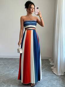 Elenzga 优雅露肩褶饰腰部设计女式连衣裙