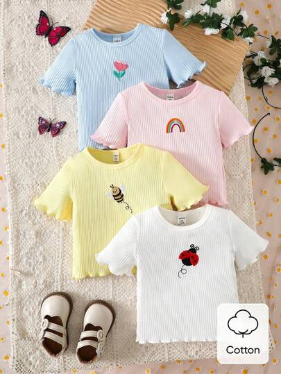 SHEIN Vintaside Kids 4pcs Baby Girl Casual Versatile Cute Embroidered Short Sleeve Tops Brand Baby Clothes