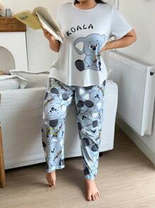 SHEIN Conjunto de pijama de manga corta con estampado de koalas de viscosa de punto talla grande en gris