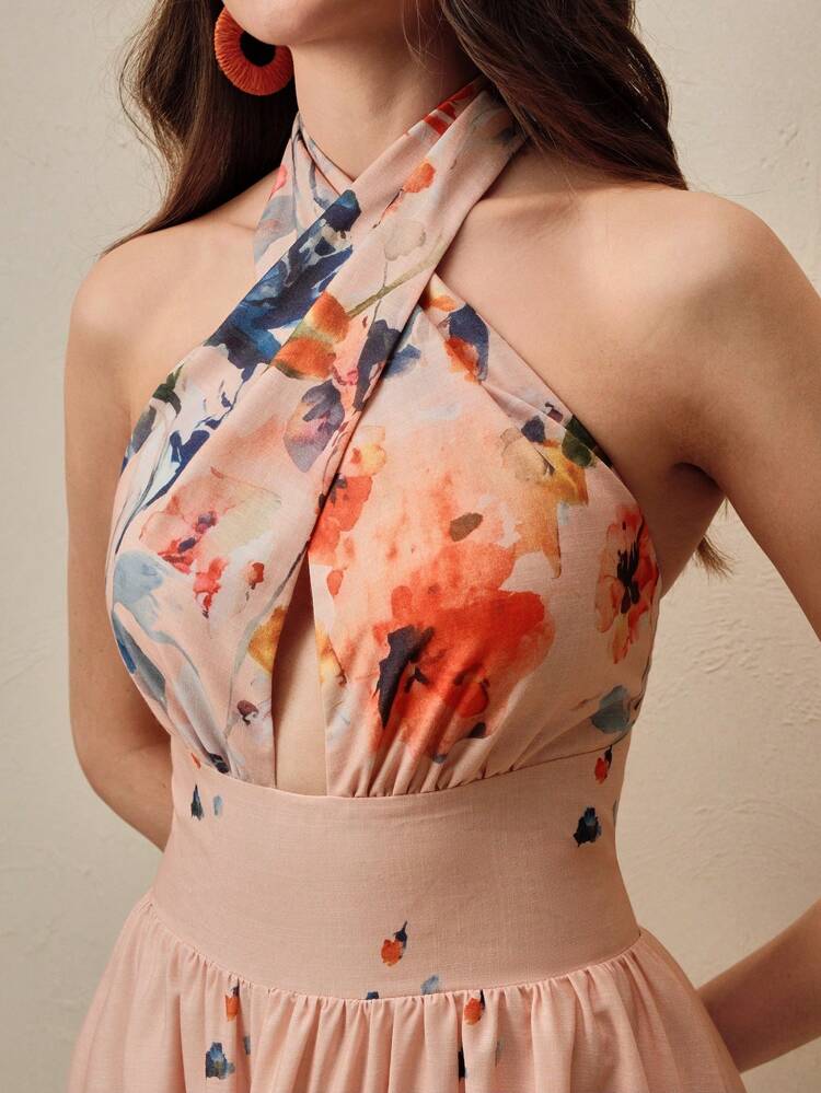 Vestido de verano de vacaciones de cuello halter con efecto tie-dye para mujer