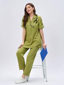 Scrubzie 2pcs Set Crew Neck Short Sleeve Top With Wrinkle-Resistant, Long Pants Uniform - Green - View 5