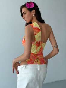 Aloruh Nuevo body de ajuste ceñido con cuello de ojo de cerradura en color liso, de estilo bohemio romántico con impresión floral de malla triangular y detalle de tirantes cruzados