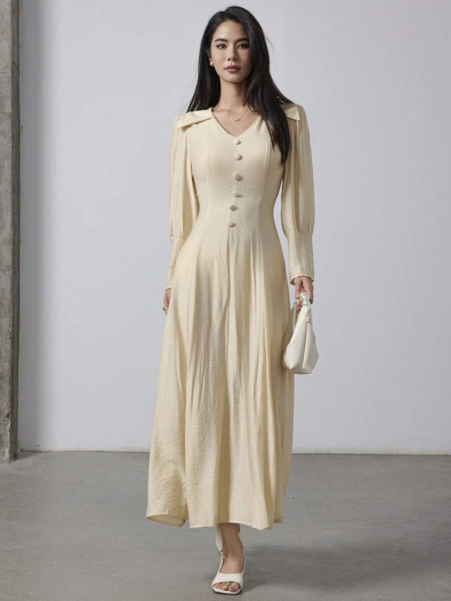 Heiryn 女士春季休闲简约纯色V领灯笼袖收腰长裙 - 黃色 - 查看 1