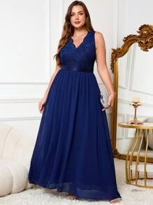 SHEIN Clasi Plus Size Women's Elegant Royal Blue Wedding Guest Dress,Autumn Formal V-Neck Lace Wave Edge Sleeveless A-Line Flowing Chiffon Long Dress - Navy Blue - View 5
