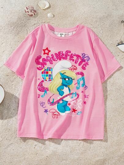 The Smurfs X SHEIN T-shirt à manches courtes rose d'été avec encolure ronde, motifs de musique pailletés et de dessins animés pour préadolescentes