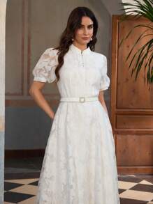 ZEYLAH Đầm dài tay trang trí thắt lưng thanh lịch - trắng - Xem 4