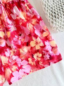 SHEIN Monos informales para niñas preadolescentes con estampado floral, lazo trenzado y tirantes cruzados
