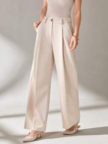 CLARA VERO Pantalones anchos de mujer con bolsillo y cremallera decorativa de color liso