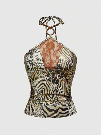 Hippie Camisola de estilo retro hippie con decoración de cuentas de madera y parches de estampado de leopardo y encaje metálico para vacaciones