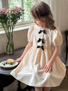 LMoss Kids LMoss Young Girl Woven Solid Color Round Neck Puff Sleeve Fitted Dress - Apricot - View 5