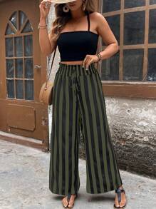 SHEIN LUNE Pantalones anchos casuales de verano de talla grande con estampado de rayas y cintura alta