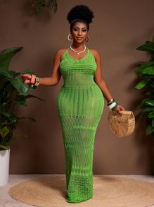 Veslaya Plus Size Green Sheer Sexy Halter Mini Sweater Dress Green Maxi Dress Crochet Maxi Dress Mesh Maxi Dress Green Crochet Dress Crochet Dress - Green - View 6