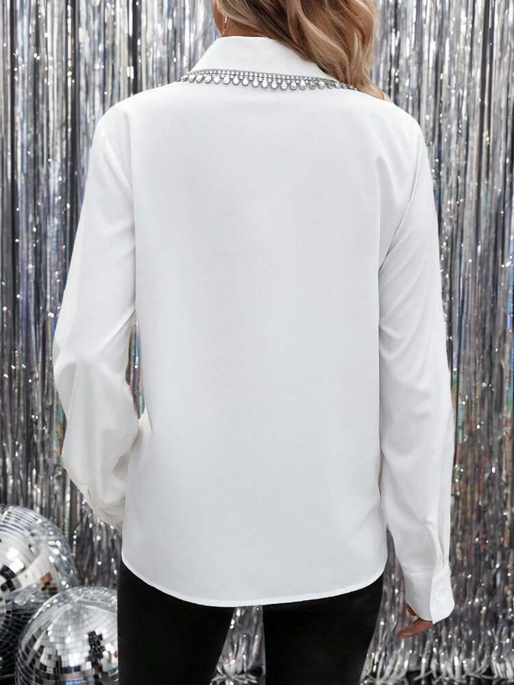 Women's Solid Color Shirt With Rhinestone Decoration, Long Sleeve Tops