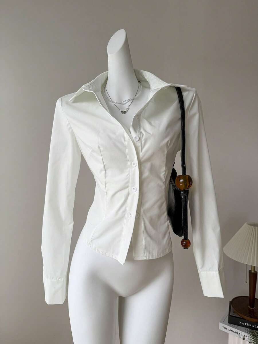 Comfortcana 束腰基本休閒長袖襯衫 - 白色 - 查看 1