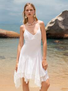 Lumivelle 女式性感蕾丝拼布不对称下摆细肩带夏季连衣裙