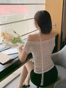 DAZY Women's Asymmetrical Shoulder Lace Short Sleeve Tie-Neck Summer Blouse - White - View 2