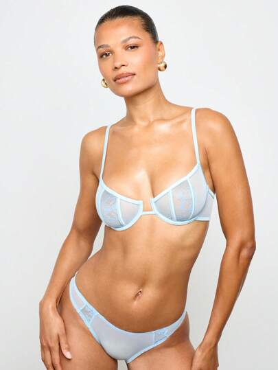 AiiRZ Delicate Mesh Lace Balconette Lingerie Set With Matching Brief Underwear Set Sheer Honeymoon Wedding Collection Pearl Embroidered Bridal Intimates