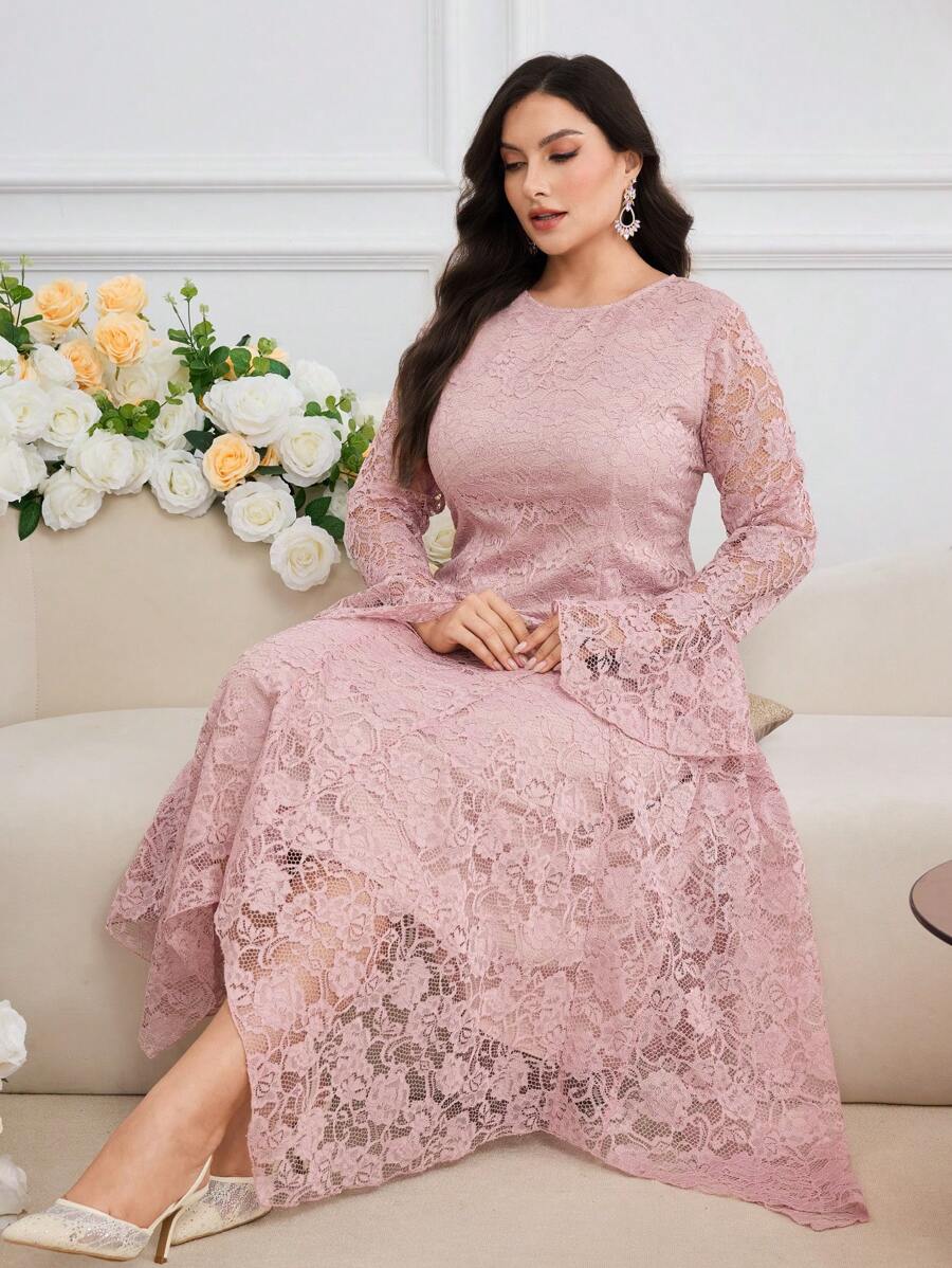 Modelyn Plus Size Solid Color Long Sleeve Dress, Fashionable For Summer - Pink - View 1