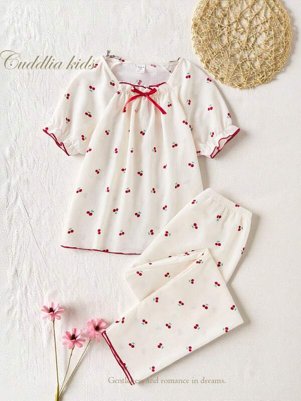 Tween Girl Apricot Color Cherry Print Short Sleeve Top And Long Pants 2 Pieces Casual Loungewear Set Backto SchoolFashion