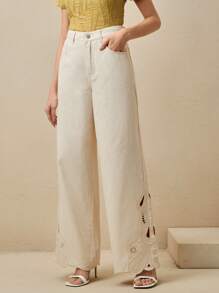 Anewsta Nuevos jeans rectos de mujer de alta gama con bordado pesado y calados en blanco - Beis - Ver 3