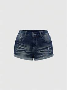 ROMWE Avant Quần short denim cạp thấp in hình cờ Mỹ gợi cảm ngày độc lập cổ điển Y2K dành cho nữ - Màu xanh lam - Xem 2