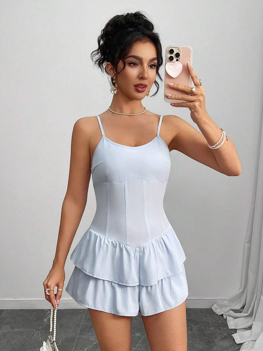 INAWLY Combishort sexy minimaliste à laçage multicouche - Bleu ciel - Voir 1