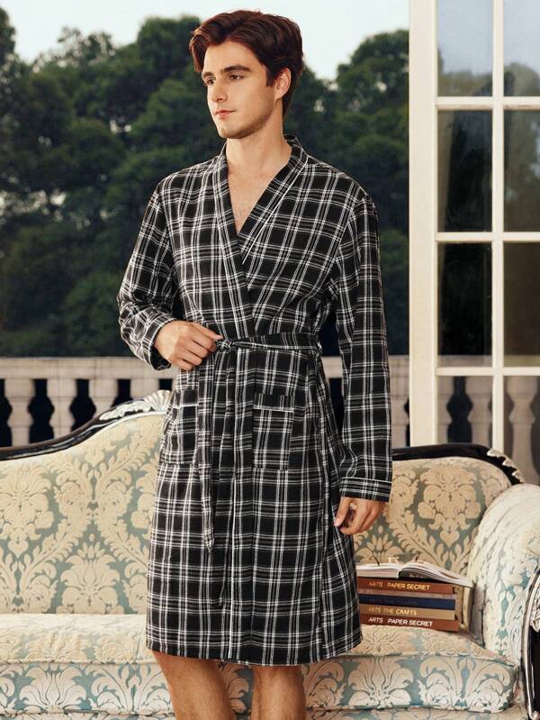 SHEIN EverLounge 100% Cotton Comfortable Turndown Collar Trim Bathrobe For Men