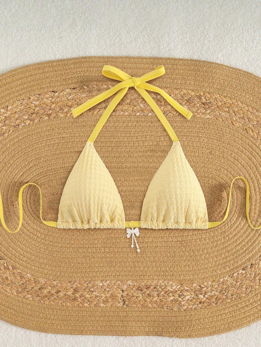 Swim Mod Plus Size Women Summer Textured Fabric Bikini Top With Bowknot And Pearl Decor