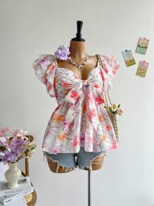 Soleia Plus Size Women's Sweetheart Neck Bowknot Front Ruffle Trim Embroidery Blouse, Elastic Waist Vacation Wear