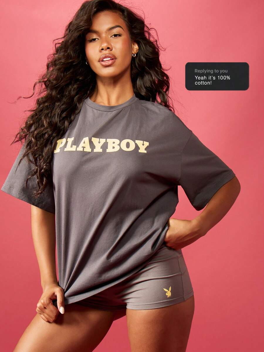 Missguided x Playboy Tee-shirt de base collection athléique et décontractée, coupe loose, en mélange de coton. Design logo pour le streetwear et la détente du week-end