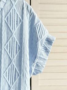 SHEIN 青少年女孩休闲优雅钻石缀饰 3D 花朵装饰圆领插肩袖纹理针织宽松 T 恤 - 淺藍色 - 查看 5