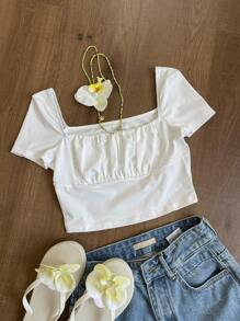 SHEIN EZwear Spring Break Square Neck Ruched Bust White Crop Tee