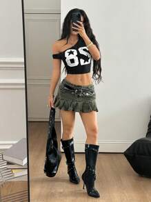Coolane Áo thun Jersey cổ bẻ màu đen bất đối xứng thoải mái cho nữ mùa hè, họa tiết đồ họa ngày thi đấu, họa tiết số, thể thao Y2K - màu đen - Xem 6
