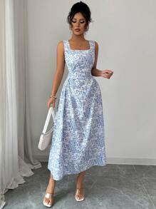 Rafferiza Women's French Holiday Blue Floral Print Ruffle Sleeveless Dress - Blue - View 6
