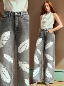 SHEIN BAE Jeans a vita bassa con stampa di piume, gamba dritta e morbida, casual e versatile per tutte le stagioni - Grigio - Visualizzare 1